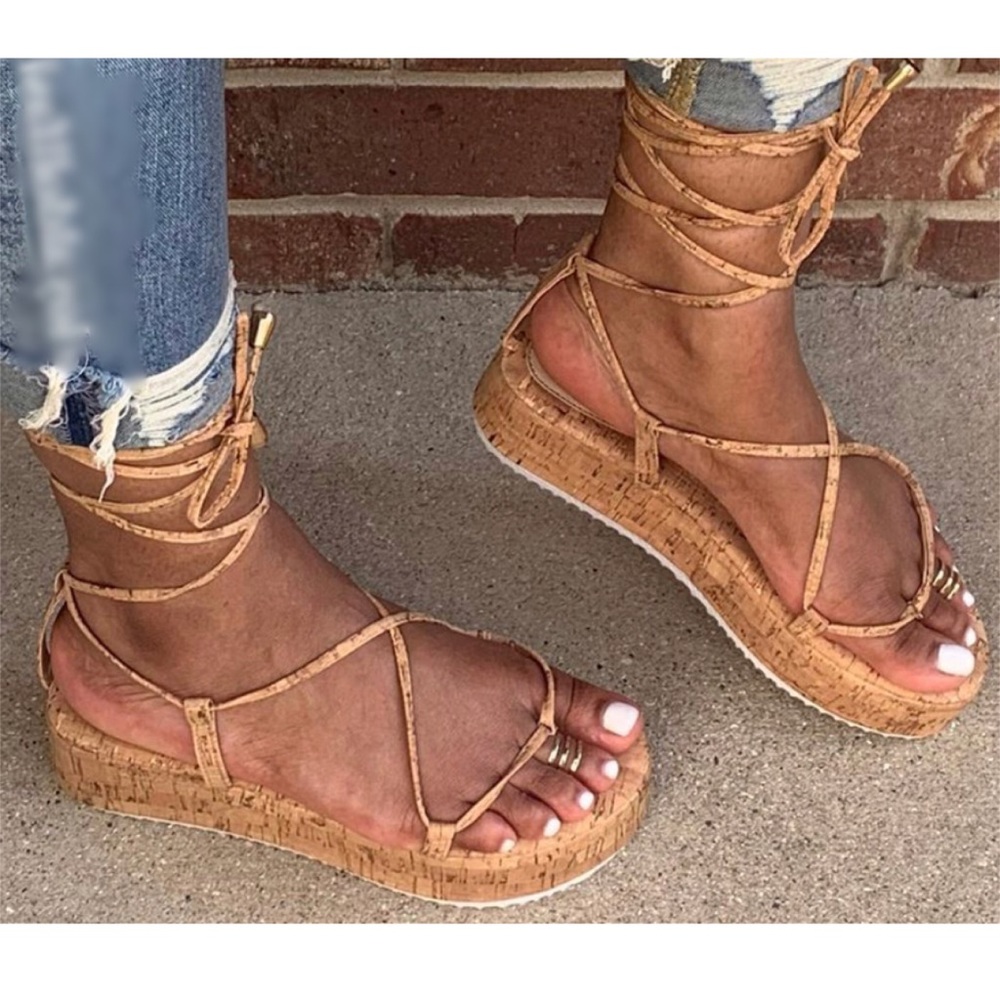 2” PLATFORM FLAT CORK STRAPPY FLATFORM SANDALS - Picture 2 of 5
